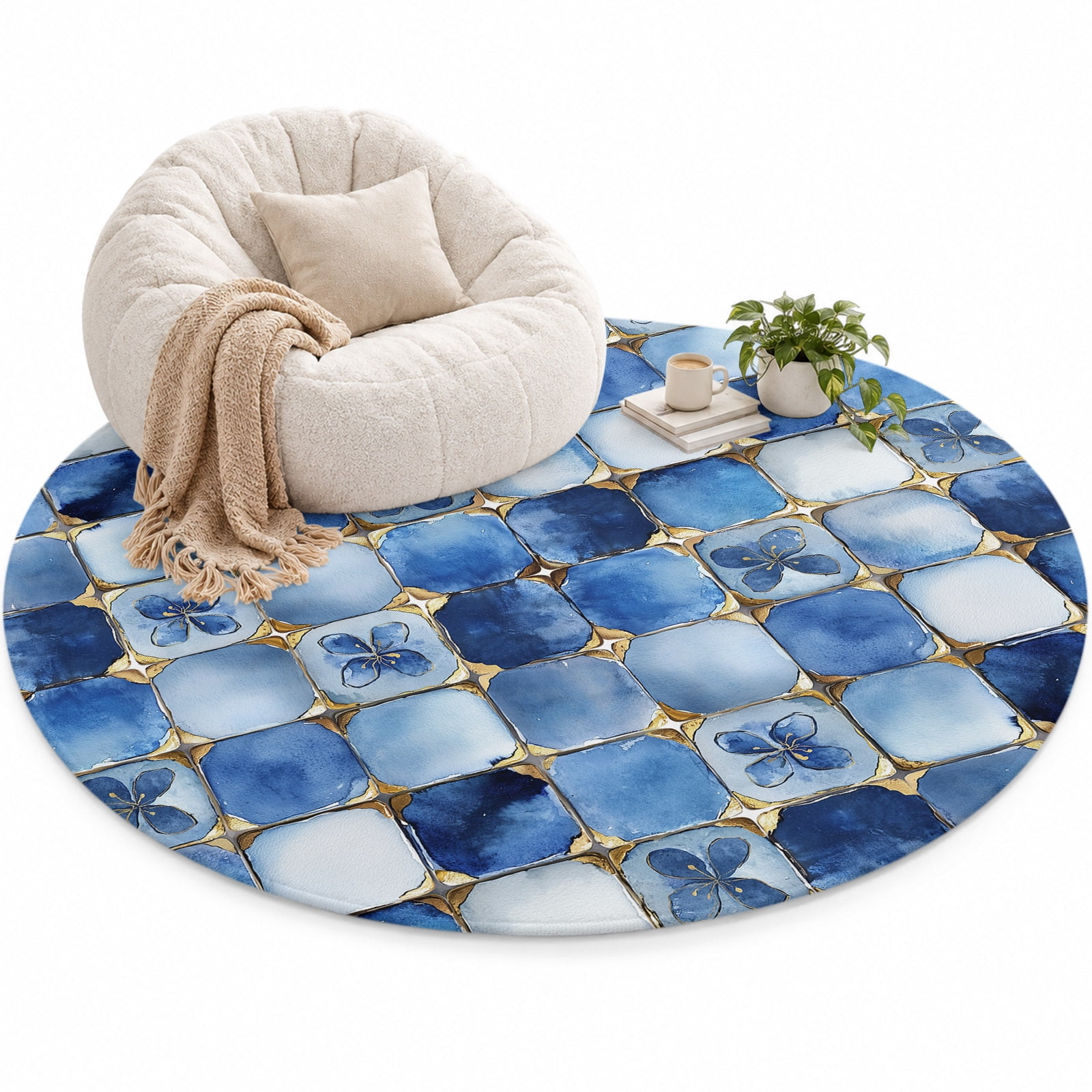 Blue Crystal Flower Area Rug 3', Irregular Texture Soft Mat Non-Slip ...