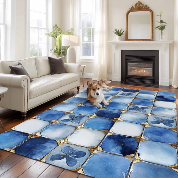 Blue Crystal Flower Area Rugs 5x7 ft Irregular Texture Washable Rug Non Slip Indoor Carpet Absorbent Floor Mat for Living Room Bedroom Dining Room