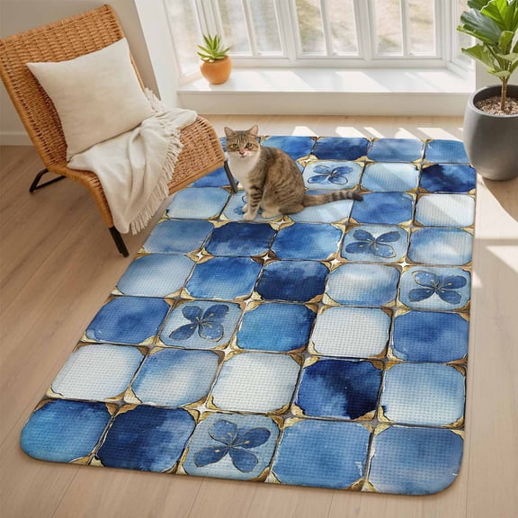 Blue Crystal Flower Area Rugs for Living Room 5x6, Irregular Texture Washable Area Rug with Non Slip Backing, Stain Resist Linen Carpet for Bedroom, Dining Room, Entryway, Entrance