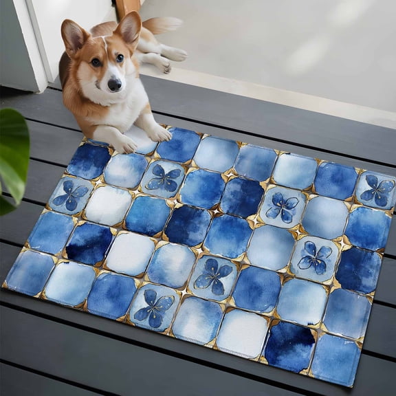 Blue Crystal Flower Front Door Rugs 2x3 ft Irregular Texture Small Rug for Entryway Non Slip Washable Bathroom Door Mat Absorbent Floor Mat for Indoor Entrance