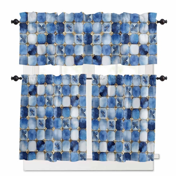 Blue Crystal Flower Kitchen Curtains Valances and Tiers Set of 3, 24 Inch Length Tier Curtains and Valance Rod Pocket Valance Curtains Set for Kitchen Bathroom Small Windows
