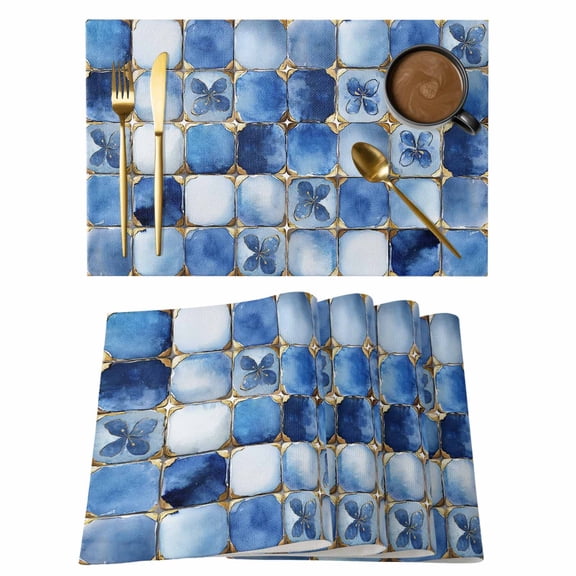 Blue Crystal Flower Placemats Set of 1, Irregular Texture Non-Slip Place Mats Washable Table Mats for Kitchen Dining Table Decorations Indoor/Outdoor