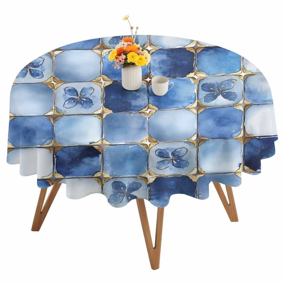 Blue Crystal Flower Round Tablecloth 54 inches Irregular Texture Waterproof Oil-Proof Table Cloth Round Table Cover for Holiday Party Picnic Dinner Decor Indoor and Outdoor Use