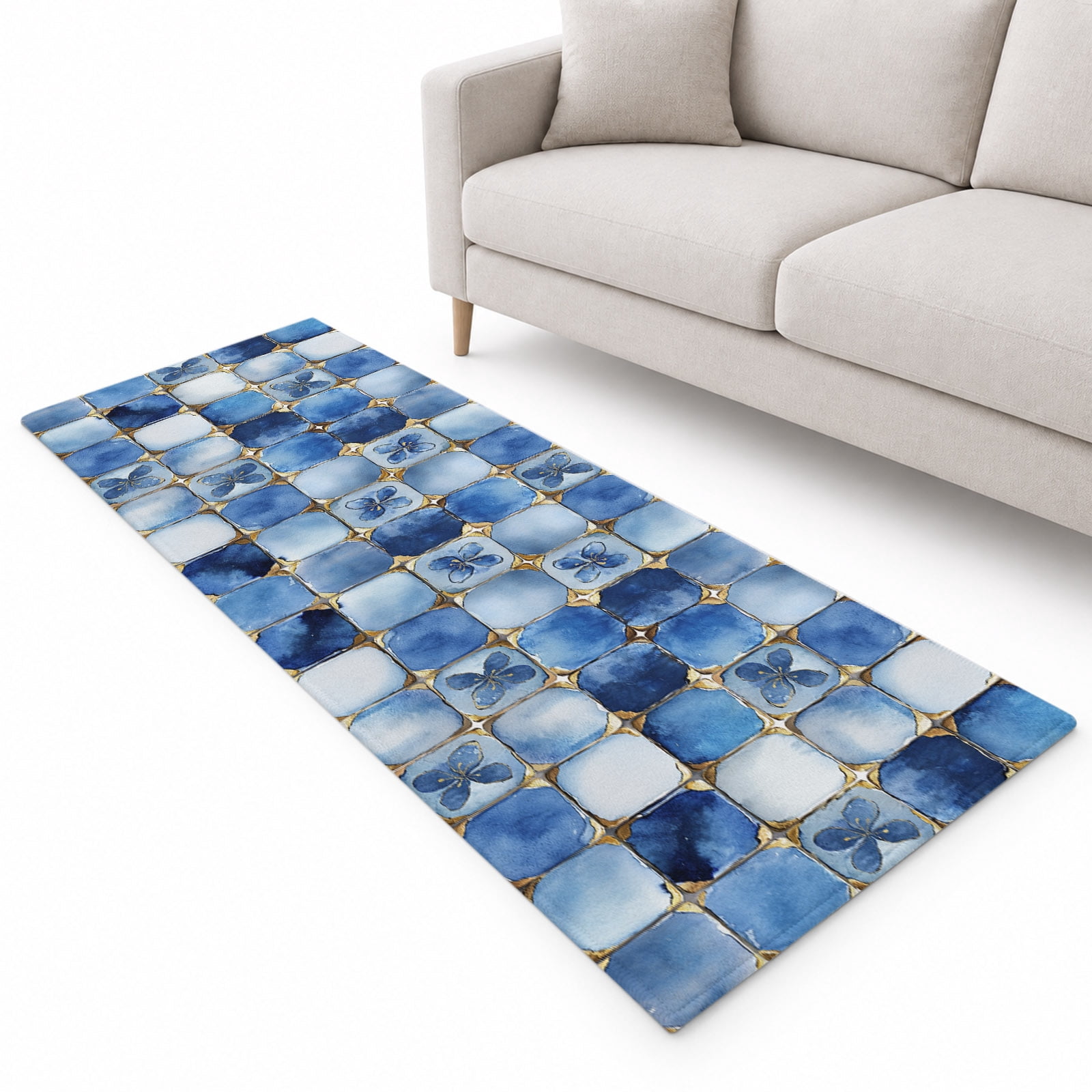 Blue Crystal Flower Runner Rug 2.6'x8', Irregular Texture Soft Mat Non ...