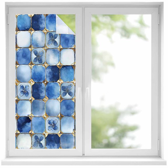 Blue Crystal Flower Window Privacy Film Irregular Texture Decorative Glass Window Film UV Blocking Static Cling Non-Adhesive Sticker Covering for Home Door 17.7 x 39.3 inches