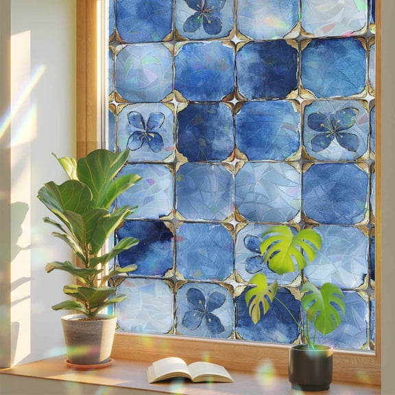 Blue Crystal Flower Window Privacy Film, Irregular Texture Stained Glass Rainbow Film Decorative Window Clings, Static Cling Sun Blocking Stickers 17.7" x 39.3"