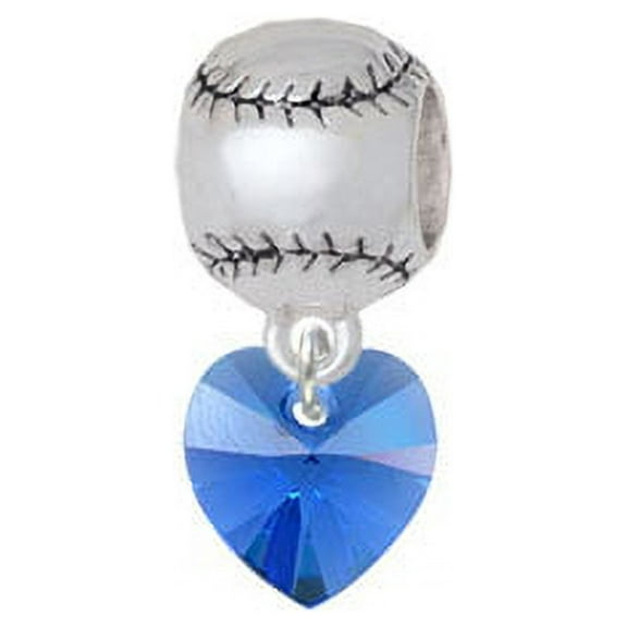 Blue Crystal Heart - Softball Charm Bead