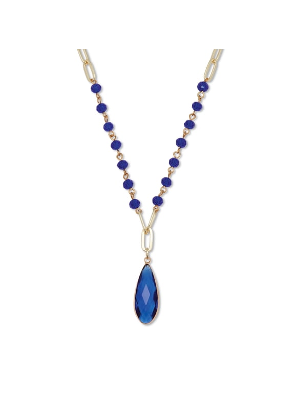 Blue Crystal Pendant Goldtone Drop Necklace 18-inch plus 2.5-inch extension