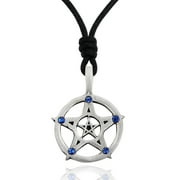 Blue Crystal Pentagram Star Silver Pewter Charm Necklace Pendant Jewelry With Cotton Cord
