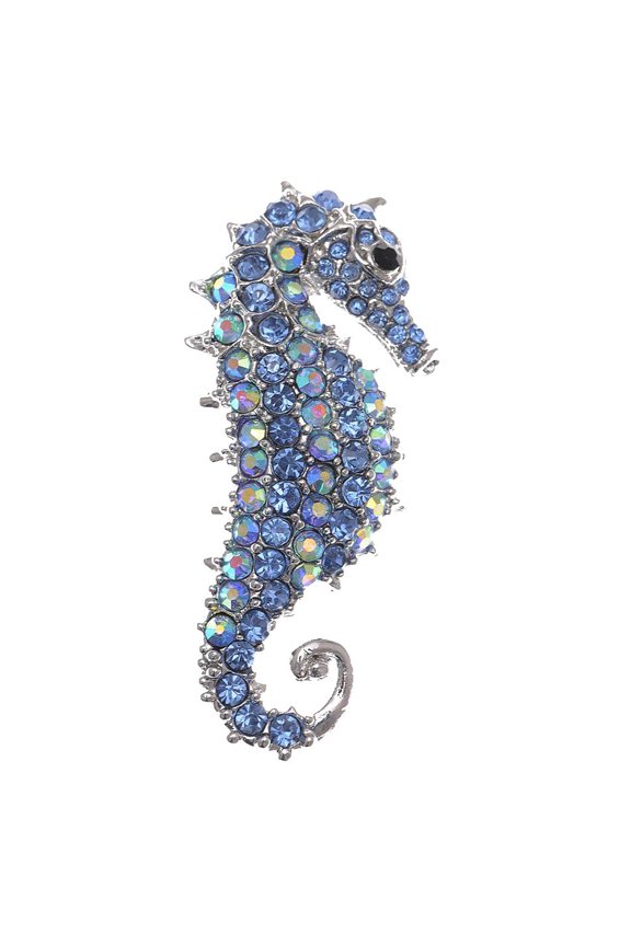 Blue Crystal Rhinestone Sea Horse Collar Brooch Pin Wedding