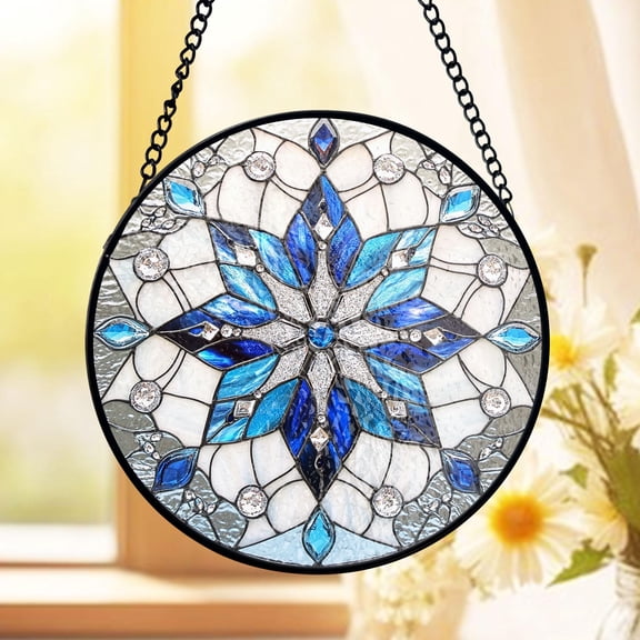 Blue Crystal Snowflake Suncatcher Stained Glass Winter Holiday Home Accent