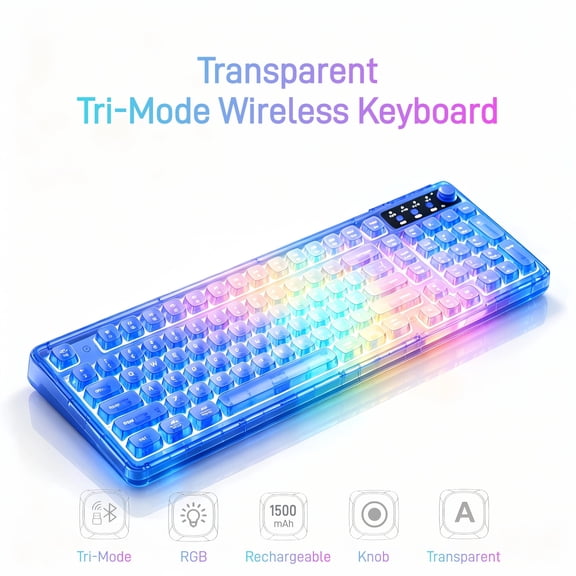 Crystal Transparent RGB Wireless Keyboard, 99-Key Mechanical Feel Keyboard with Volume Knob, Bluetooth 5.0/2.4G/USB-C Tri-Mode Rechargeable Keyboard for Office, Study Setup, Laptop & PC, Blue