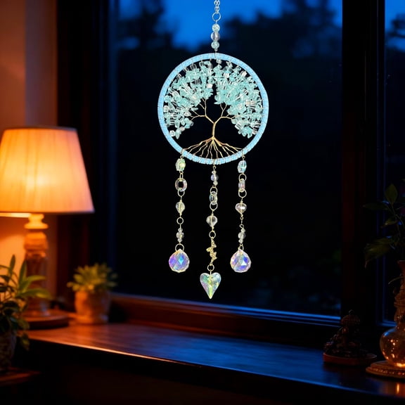 Blue Crystal Tree of Life Dreamcatcher, 40cm Handcrafted Decorative Piece, Suitable for Home, Office, and Car Rearview Mirror Ornament