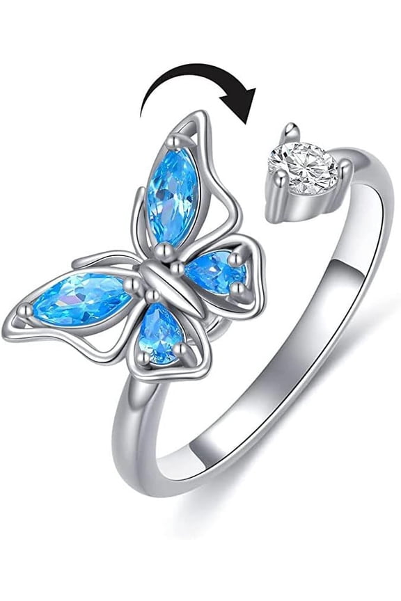 Blue Cubic Zirconia Butterfly Spinner Fidget Statement Rings for Women Anxiety Rotate Inspirations Jewelry Meditation Expandable Adjustable Stacking Middle Finger Crystal Ring Daughter Dainty Lover