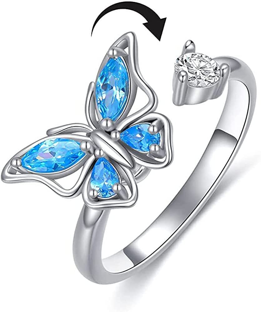 Blue Cubic Zirconia Butterfly Spinner Fidget Statement Rings for Women ...