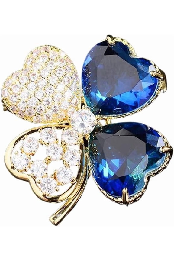 Blue Cubic Zirconia Four Clover Leaf Brooch Pin for Women Rhinestone Heart Flower Leaves Lapel Pins Crystal Shamrock Corsage Irish Badge Cardigan Collar Clip Dress Coat Accessories Jewelry