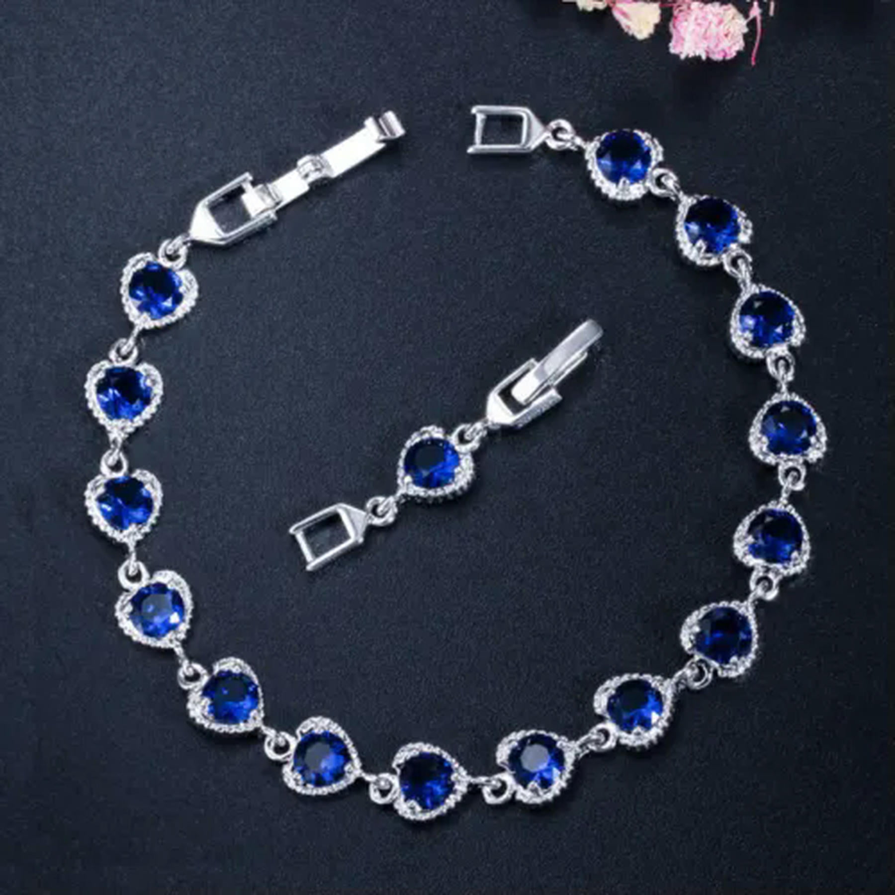 Blue Cubic Zirconia Love Heart Tennis Chain Link Bracelet CZ