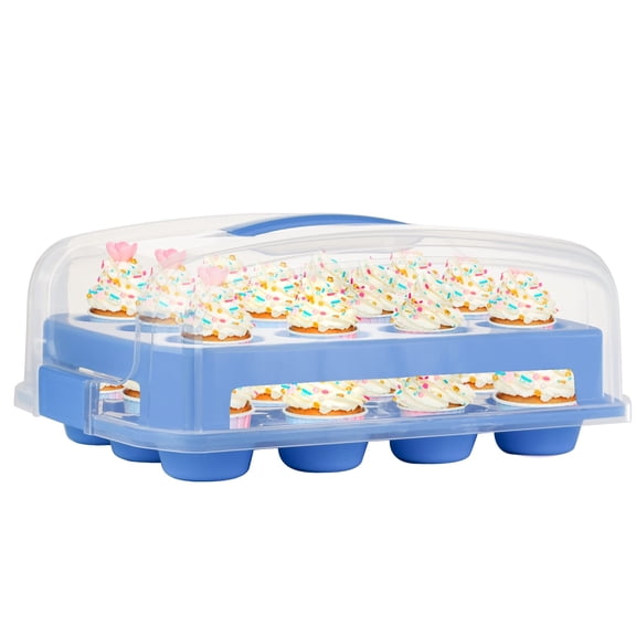 Blue Cupcake Holder Carries 24 Standard-Size Cupcakes- Muffin Traveler Two Tier Stand Reusable Cupcake Box