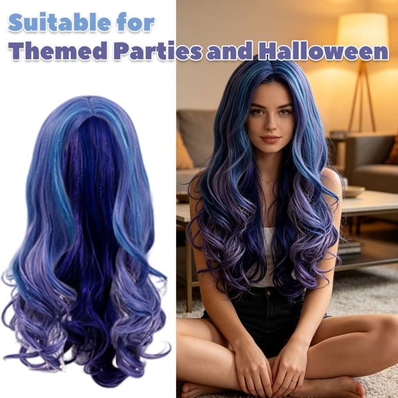 Blue Curly Wig Wonderland Blue Wig for Role Play Halloween Party Costume Anime Style Synthetic Hair Accessory, 28 Inch