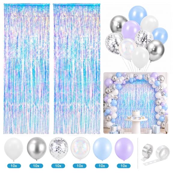 Ayieyill Blue Curtain Tinsel and Balloon Kit, 2Pcs Fringe Backdrop with Pink、Rose Gold Confetti Balloons, Party Decorations, Photo Booth Wall Decor