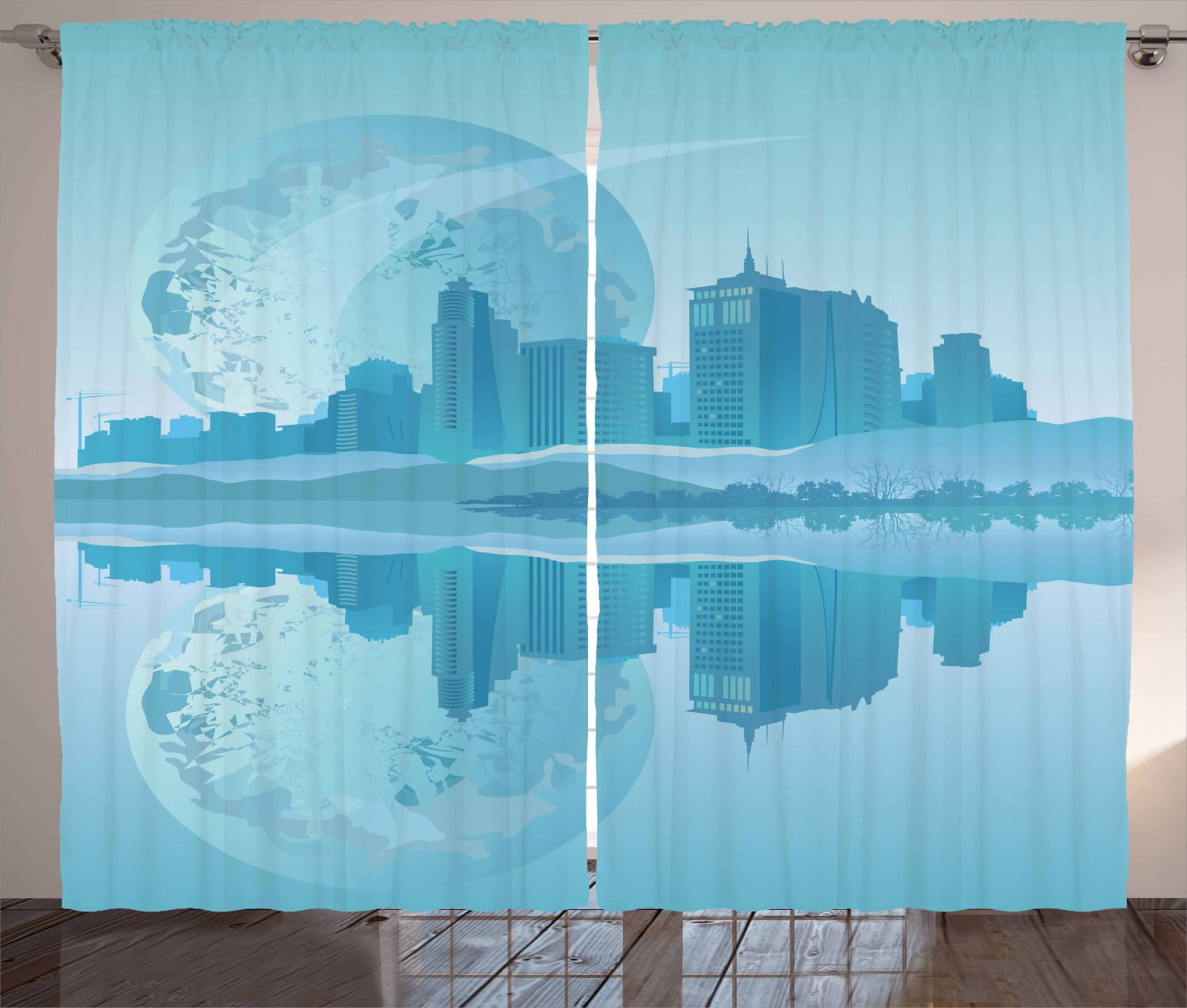 Blue Curtains 2 Panels Set, Abstract Modern Cityscape Futuristic ...