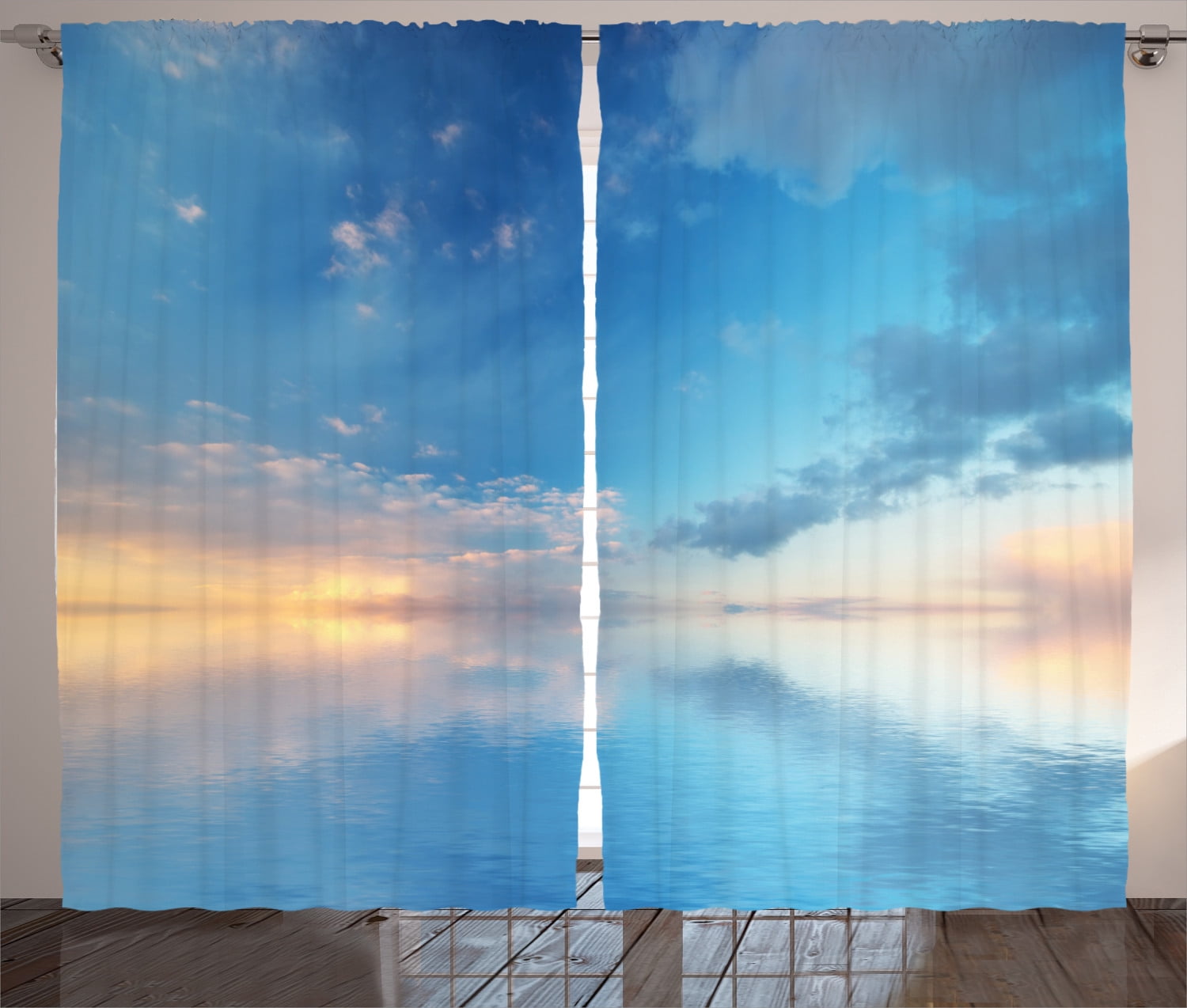 Blue Ocean Horizon Polyester Light-Filtering Rod Pocket Curtain Panels