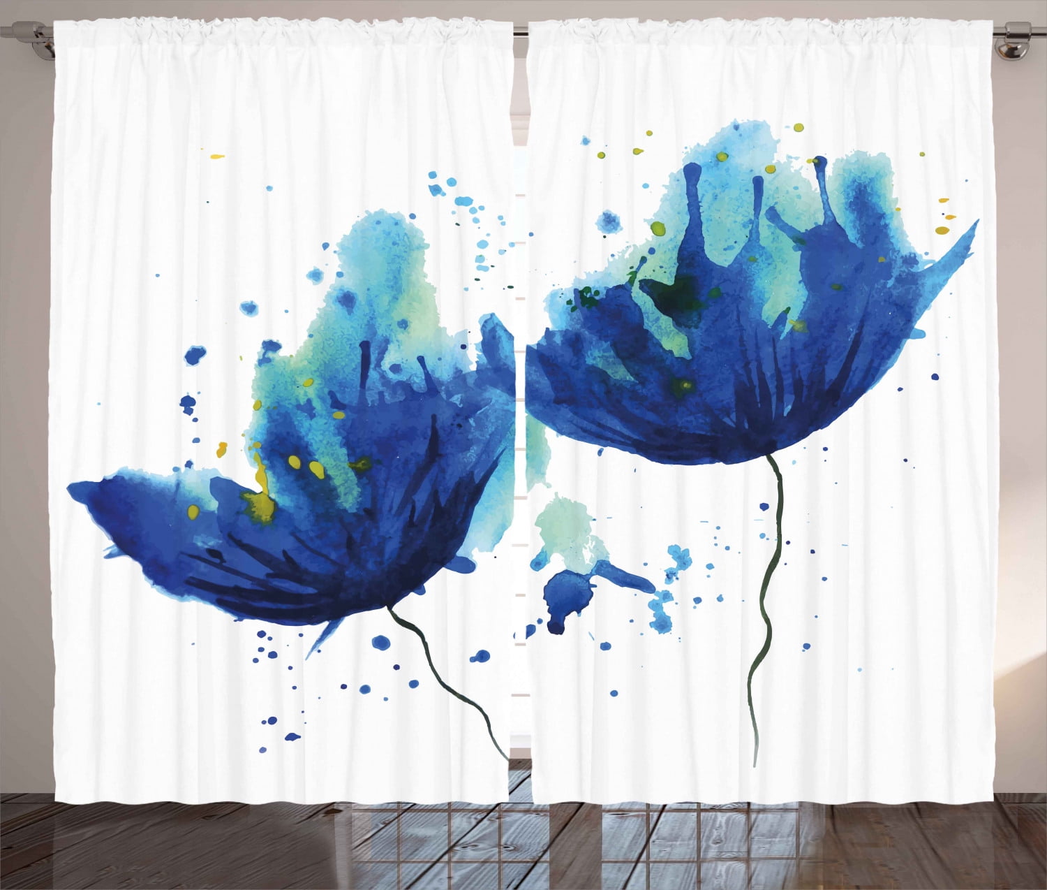 Blue Curtains 2 Panels Set, Watercolor Style Effect Floral Decor