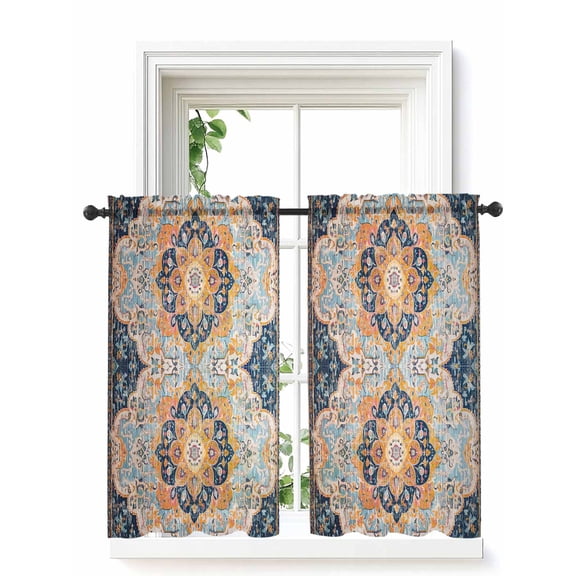 Blue Curtains 54 Inch Length,Sheer Curtains for Bedroom Living Room Window Ethnic Middle Century Geometric Abstract Western Rod Pocket Drapes Kitchen Curtains Small Half Window 42"x54" 2 Panels