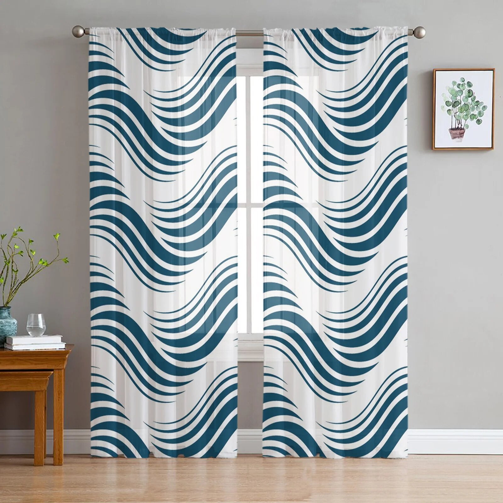 Blue Curve Lines Stripes Tulle Curtains for Living Room Bedroom Sheer Curtain for Balcony Hall