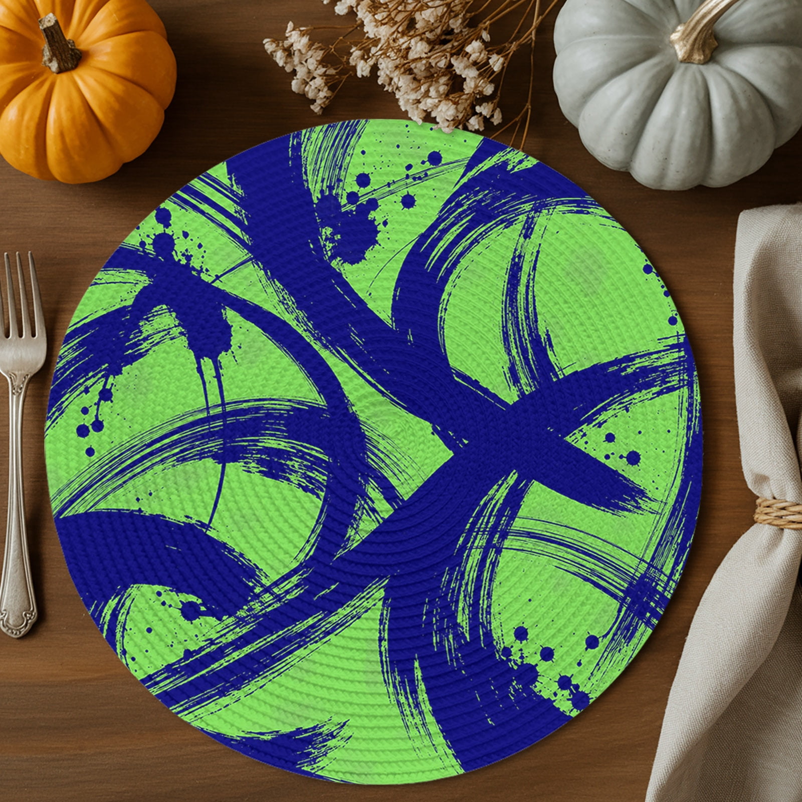 Blue Curved Arcs Round Braided Placemats 15