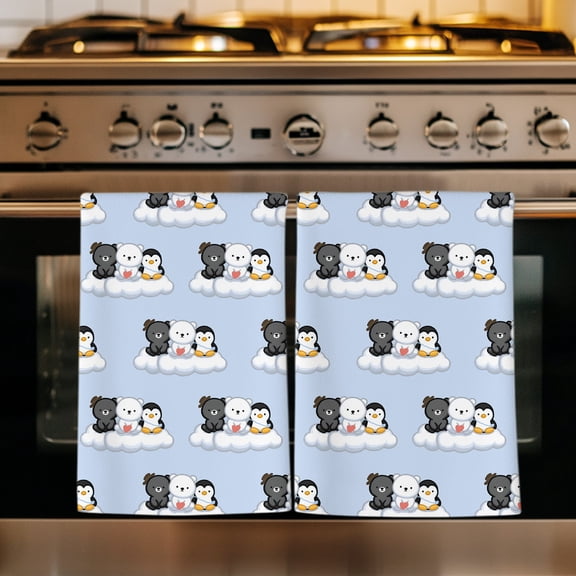 Blue Cute Cartoon Kitchen Towels Set of 2, Modern Minimalist Bear Penguins Absorbent Dish Towels for Kitchen, Microfiber Hand Towel, Quick Drying Tea Towel for Cleaning Decorative Dishcloths