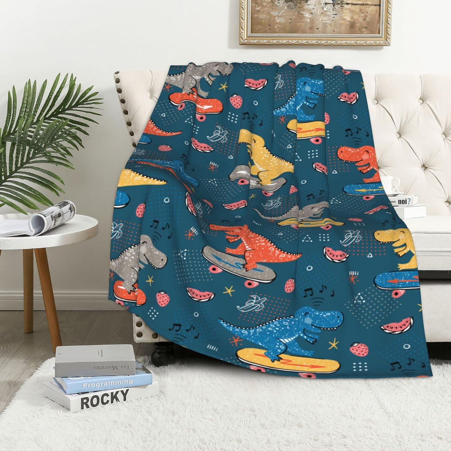 Blue Cute Dinosaur Blanket for Couch Bed Throw Blanket, Aesthetic