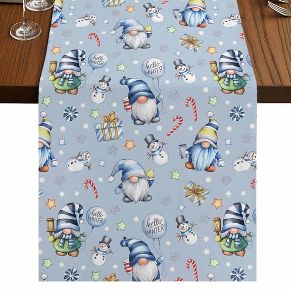 Blue Cute Gnomes 48 Inch Table Runner, Christmas Winter Snowman Gift Farmhouse Dresser Scarf Cotton & Linen Tablerunner for Dining/Kitchen Island/Holiday Party Décor 13" x 48"