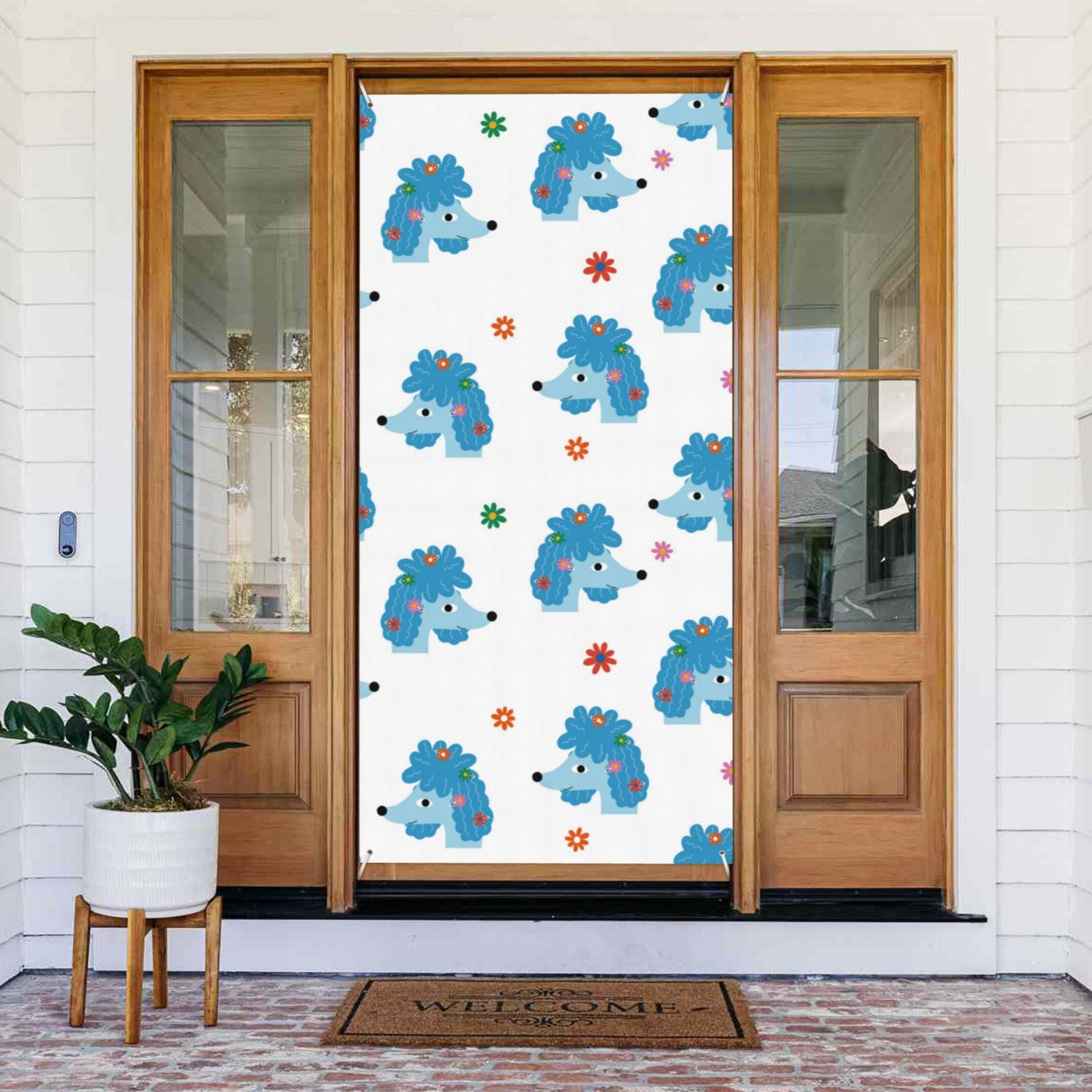 Blue Cute Poodle Dog Flower Door Covers Decorative, Door Banner