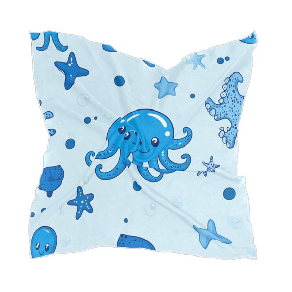Blue Cute Sea Creatures Women's Fashion Soft Scarf Square Satin Head Scarf Neck Scarf Head Hair Wraps