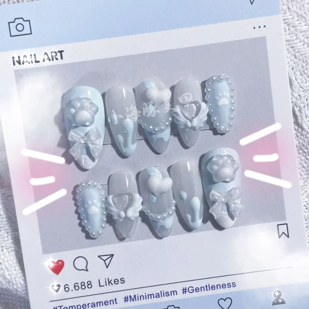 Blue Cute Sweet and Cool Cat Claw Artificial Nail Sticker Handmade False Nail Wearable Patch Detachable Finished Product