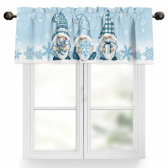 Blue Cute Valances for Windows, 54 x 18in, Christmas Gnome with Gifts Snowflake Xmas Tree Rod Pocket Kitchen Valance Curtain Light Filtering Window Treatments for Living Room Bedroom, 1 Panel
