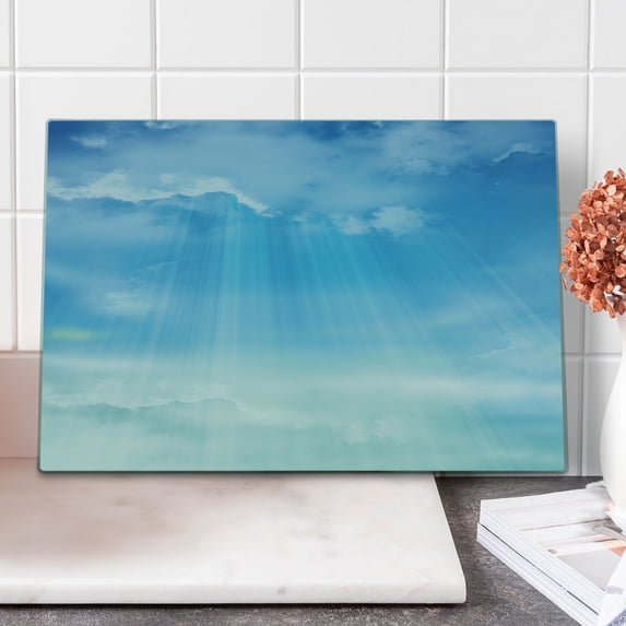 Blue Cutting Board, Open Blue Skies with Fluffy Clouds Life Meaning Awaken Meditation, Decorative Tempered Glass Cutting and Serving Board, in 3 Sizes, by Ambesonne