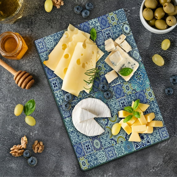 Blue Cutting Board, Rich Pattern of Moroccan Tiles Patchwork Style Pattern Oriental, Decorative Tempered Glass Cutting and Serving Board, Small Size, Multicolor, by Ambesonne