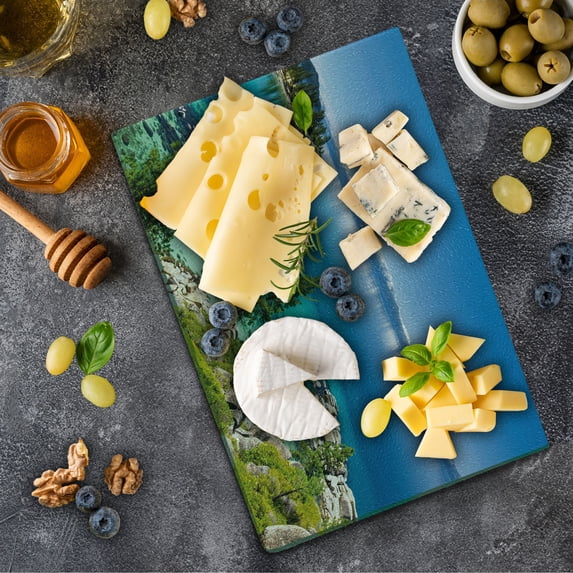 Blue Cutting Board, Tranquil View of Lake Tahoe Sierra Pines on Rocks with Turquoise Waters Shoreline, Decorative Tempered Glass Cutting and Serving Board, Small Size, Blue Grey Green, by Ambesonne