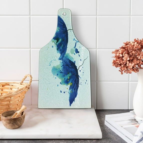 Blue Cutting Board, Watercolor Style Effect Floral Design Abstract Art Cornflower Illustration, Tempered Glass Cutting and Serving Board, Wine Bottle Shape, Pale Blue and Blue, by Ambesonne