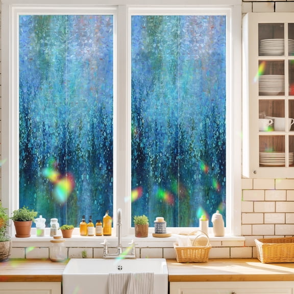 Blue Cyan Bubbles Window Privacy Film Abstract Nature Dreamy Static Cling Stained Glass Window Film Non-Adhesive Decorative Decals Rainbow Sticker 17.7"X39.3"