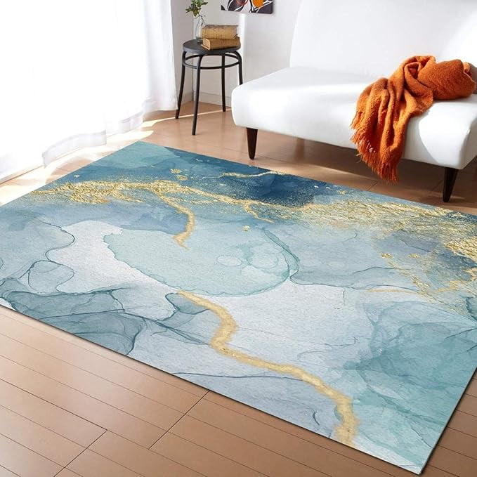 Blue Cyan Ink Marble Area Rug, Golden Lines Light Luxury Abstract ...