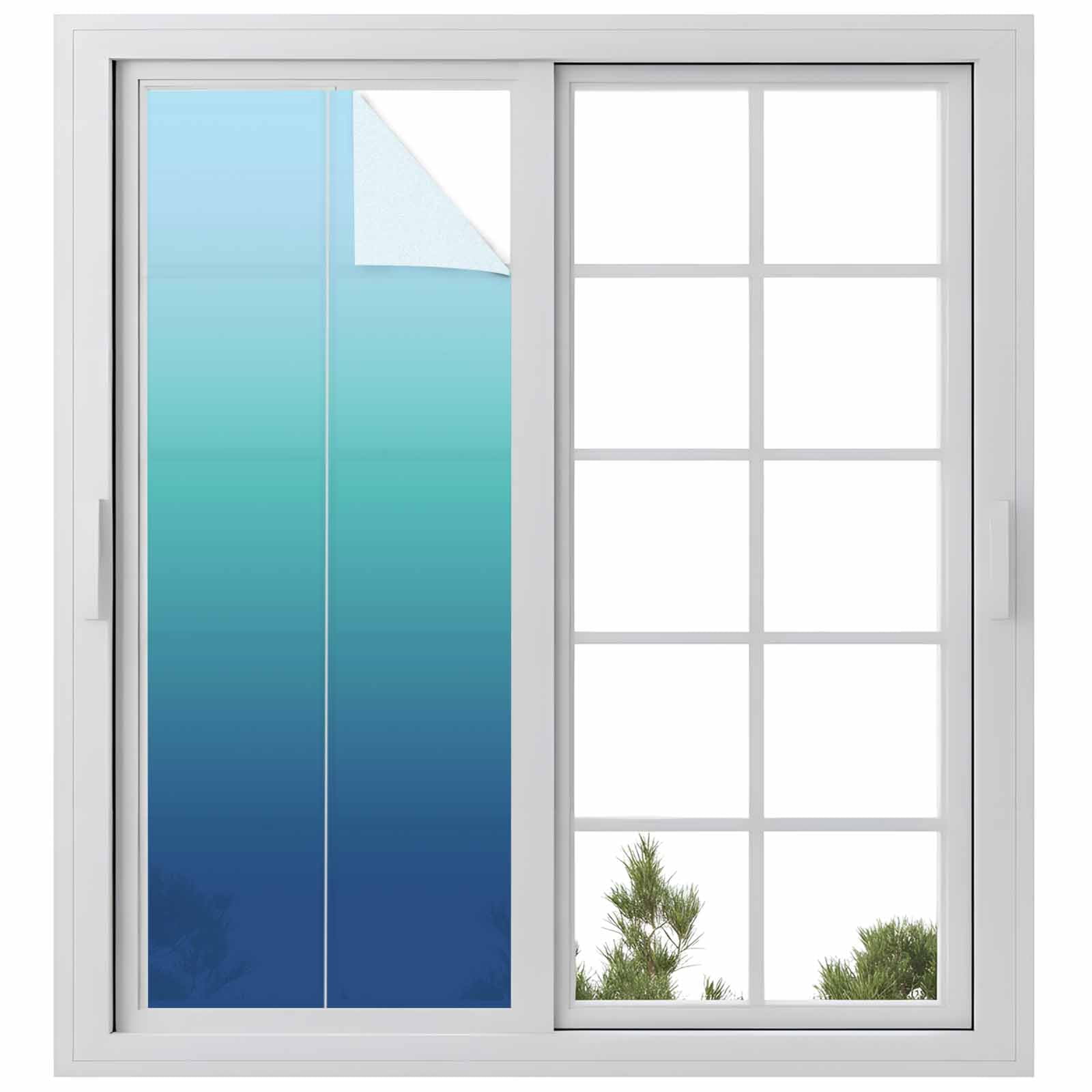 Blue Cyan Window Privacy Film, Gradient Abstract Ombre Art Frosted Glass Window Clings Static Cling UV Heat Blocking Reusable Door Sticker for Bathroom 23.6 x 59 Inch