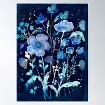 Blue Cyanotype Floral Poster Wall Art, Modern Wall Decor For Living Room Bedroom, 12x18 UNFRAMED