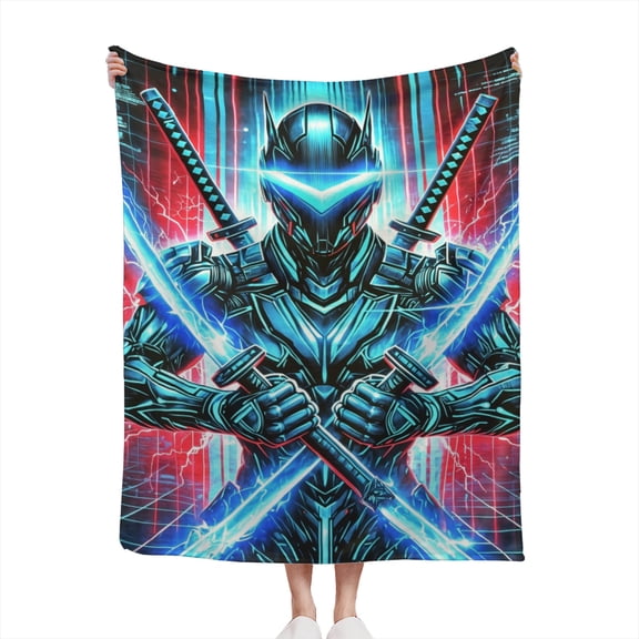 Blue Cyber Ninja with Katanas in Armor Gift Lightweight Cozy Soft Flannel Throw Blanket 50x60 inches for Couch, Bed, Living Room, and Travel