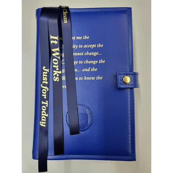 Blue DELUXE Triple NA Book Cover for The Basic Text (6th Ed), It Works, How and Why and Living Clean with Serenity Prayer and Medallion Holder.
