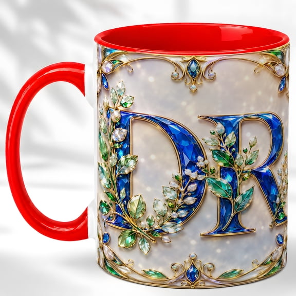 Blue DR Initials Coffee Mug, Botanical Monogram Mug, Ceramic 11 oz