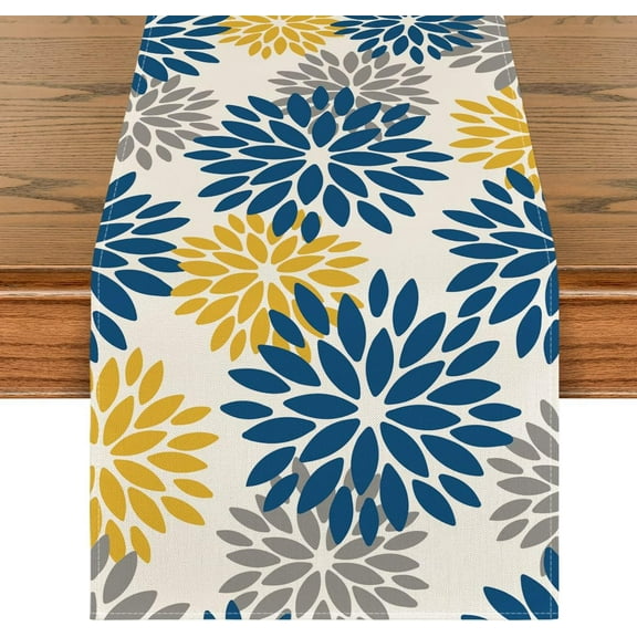 Blue Dahlia Floral Pinnata Summer Table Runner, Spring Kitchen Dining Table Decoration for Home Party Decor 13x36 Inch
