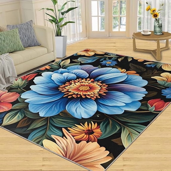 Blue Dahlia Flower Area Rug, Dahlia Floral Rugs for Bedroom, Colorful ...